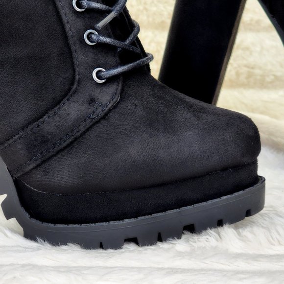 Vivian Black Faux Suede Chunky Heel Platform Ankle Boots - Picture 12 of 14
